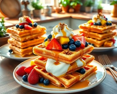 a stack of waffles with fruit on top of them