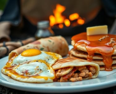 camp breakfast with scrambled eggs, breakfast burrito and pancakes