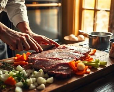 a person cutting up a brisket on a cutting board