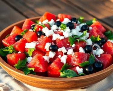 a bowl of watermelon salad with feta cheese