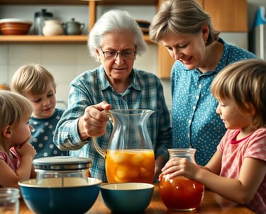 Grandma making a pitcher of sweet tea in the kitchen with her grandchildren watching her make it