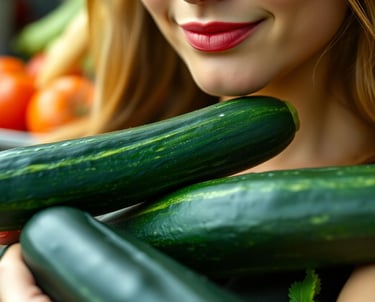 a woman holding a bunch of zucchini