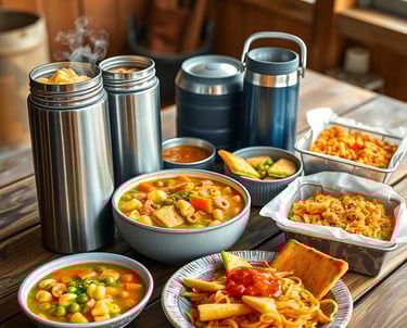 a table with bowls of food and containers of food