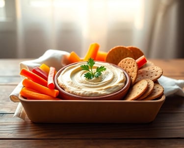 small Hummus and veggie snack lunch box: Hummus dip with bell peppers, baby carrots, and crackers.