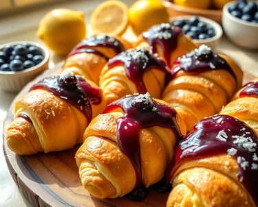 Lemon Cheesecake Crescent Rolls with a drizzle of bluberry topping and shredded coconut on top