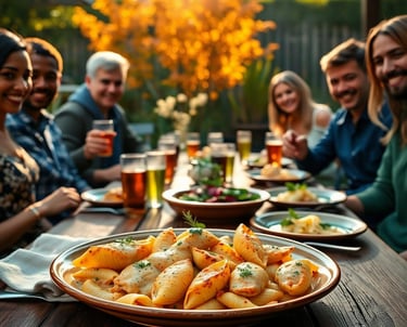 Weekend gathering of friends and family eating creamy spicy cajun stuffed chicken pasta shells
