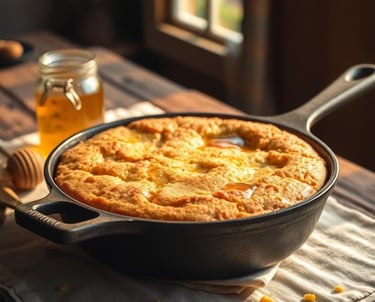 Honey and Maple Cornbread in an iron skillet