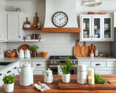 a rustic farmhouse kitchen with a clock