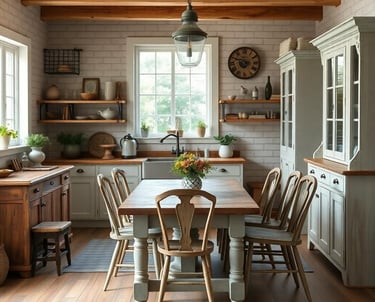 a rustic farmaouse kitchen with distressed furniture
