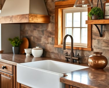 a kitchen with a sink and a large window