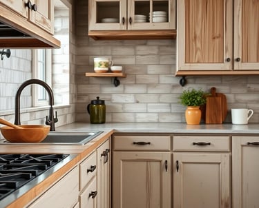 a rustic farmhouse kitchen with a stove top and a potted plant