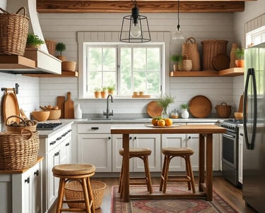 a rustic farmhouse kitchen with a table and chairs