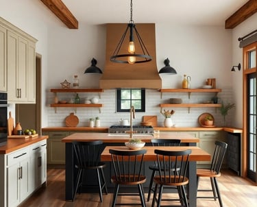 a rustic farmhouse kitchen with industrial lighting kitchen with a table and chairs and a stove