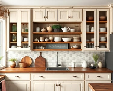 a kitchen with a wooden counter top and shelves with dishes