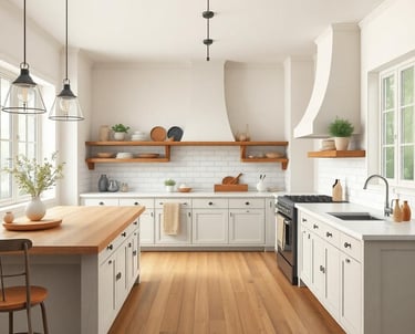 a rustic farmhouse kitchen with a wooden table