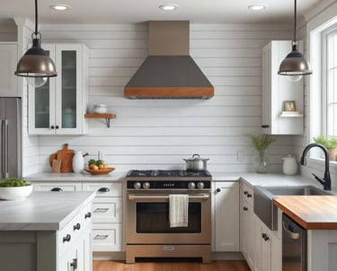 a rustic farmhouse kitchen with a stove and a shiplap wall