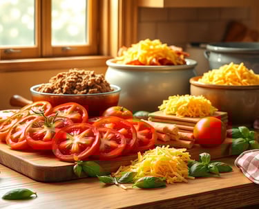 a cutting board with tomatoes and cheese on it