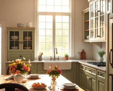 a southern charm kitchen with a table and chairs and a table