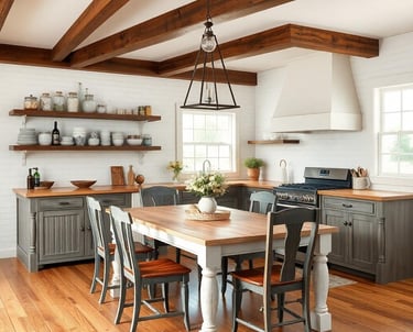 a kitchen with a wooden table and chairs