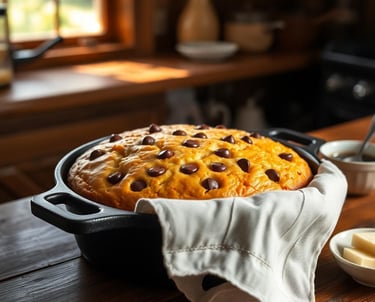 Chocolate Chip Cornbread in an iron skillet