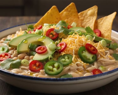 white chili with Garnish ideas: avocado, extra jalapeño or Fresno slices, cilantro, scallions, shred