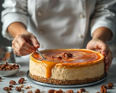 woman chef making a Crème Brûlée Caramel Pecan Cheesecake