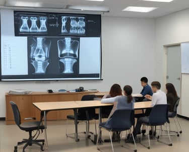 A person is sitting in a dental office looking at a dental X-ray on a tablet device held by another person. The individual in the foreground is pointing at the images on the screen. Dental equipment and a sink are visible in the background.