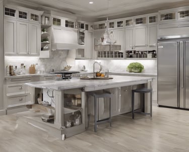 a kitchen counter with utensils and a tea pot