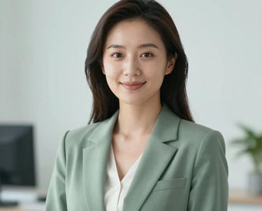 Professional headshot of a woman in a smart casual outfit, looking friendly and efficient. Soft lighting, minimalist clinical aesthetic, colors matching #6A9B8D.