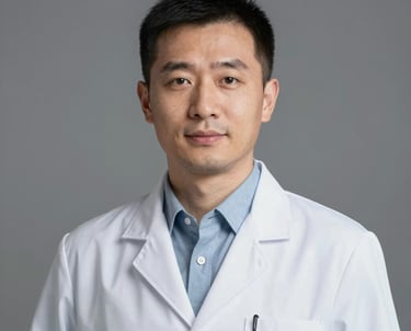 Professional studio headshot of a man in a clinical coat, looking professional and trustworthy. Neutral background, clean lighting, incorporating brand colors #4A8B9C in subtle details.