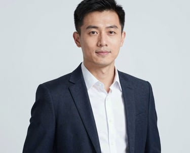 Professional headshot of a man in his 30s, modern professional attire, representing innovation and technology. Background in #F5F8FA, bright and clean composition.