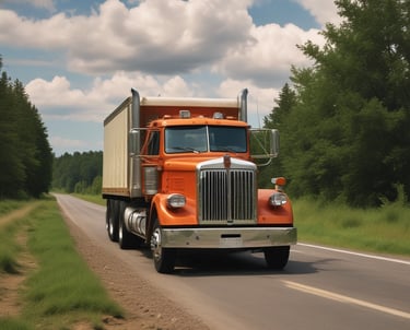 A confident truck driver checking his route on a tablet beside a fleet of trucks ready to roll at sunrise.