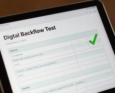 A professional tablet screen displaying a completed digital backflow test report form, with a green checkmark indicating successful submission, warm soft background.