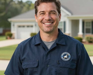 A warm, welcoming smile of a water service technician wearing a neat uniform with a subtle company logo patch, in a beautiful North Carolina residential setting.