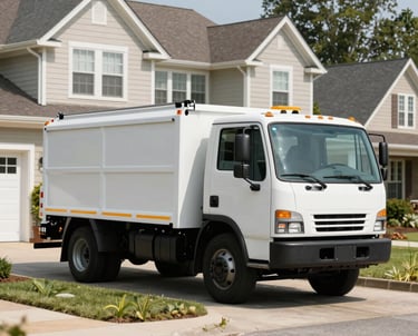 A clean company utility truck with water safety equipment parked near a neat suburban North Carolina home garden, bright daylight, realistic photograph.