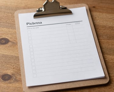 A clean brown clipboard showing a transparent pricing quote sheet with simple checkboxes, set against a warm wooden tabletop, soft warm lighting.