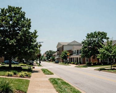 Scenic daytime view of Raeford, North Carolina, with a clean municipal street and lush green landscaping, bright sunny skies.