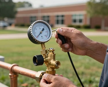 A close-up photograph of a professional certified technician testing a brass backflow prevention assembly valve. The shot focuses on the copper pipes, brass body, and the technician's hands holding a clean professional digital pressure test gauge. Set outdoors in a neat, professional business park in North Carolina, with a soft-focus background of green grass and a clean brick building facade under soft, natural morning sunlight.