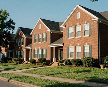 A residential street in Fayetteville, North Carolina, showing beautiful brick homes with neatly manicured green grass under clear blue skies.