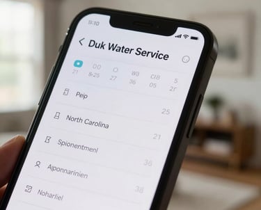 A close-up shot of a smartphone screen displaying a digital appointment scheduling calendar interface with Duk Water Service visible, in a modern home in North Carolina.