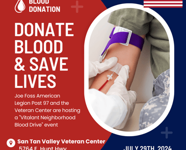 Graphic for the Joe Foss American Legion Post 97 Blood Drive depicting a soldier getting their blood drawn