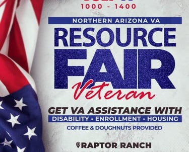 Graphic for the Veterans Resource Fair. July 11th 10am-2pm. Northern Arizona VA. Location: Raptor Ranch 332AZ-64, Williams,AZ