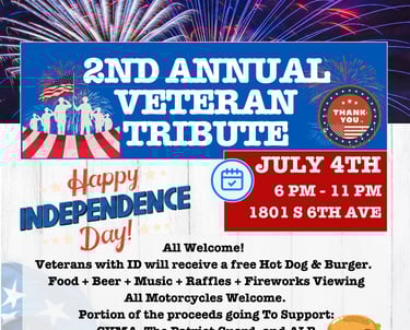 Graphic flyer. Text reads: American Patriot Memorial, Honor and Remember Presents: 2nd Annual Veteran Tribute.  July 4th, 6PM