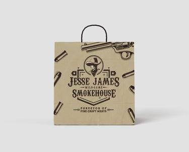 Rustic and bold branding design for Jesse James Smokehouse, reflecting smoky flavors, and tradition.