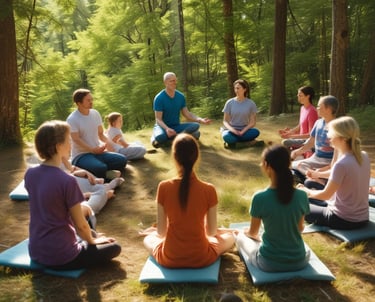 un grupo de personas en el bosque practican rituales de bienestar con Svitlana Bytka