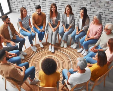 un grupo de personas formados en circulo practican talleres y retiros en CIA Balance