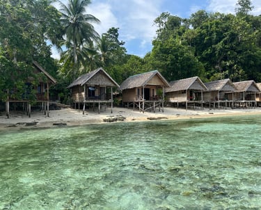 a beach with a hutch and a boat in the water