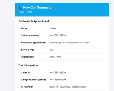 call summary - garage software