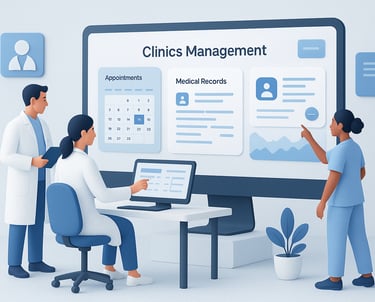 רופאים וצוות רפואי עובדים מול מסך דיגיטלי – מייצג מערכת לניהול מרפאות במכבי