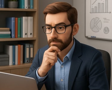 Tech consultant sitting at a desk with computer โ representing digital advisory